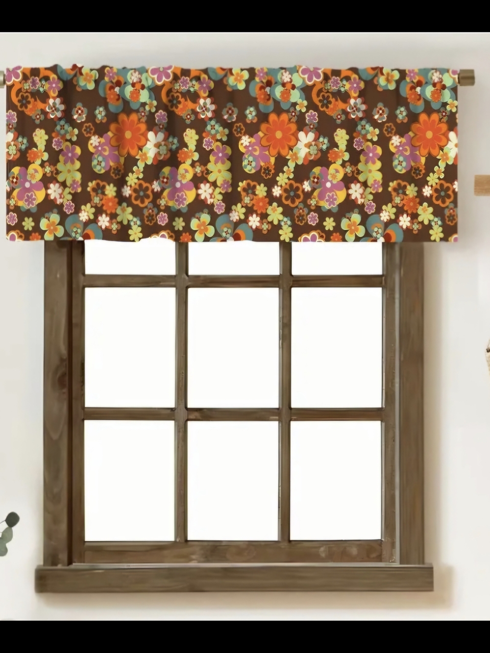 Retro Floral Brown Valance with Bright Flowers